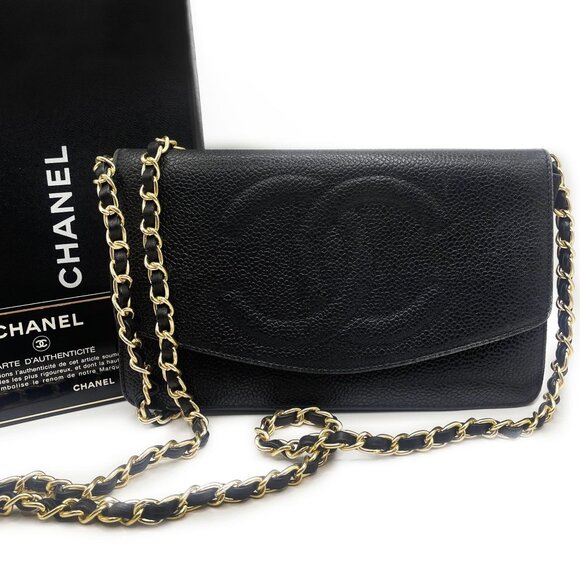CHANEL Wallet on Chain Purse CC Classic Timeless Caviar Leather Flap Black WOC